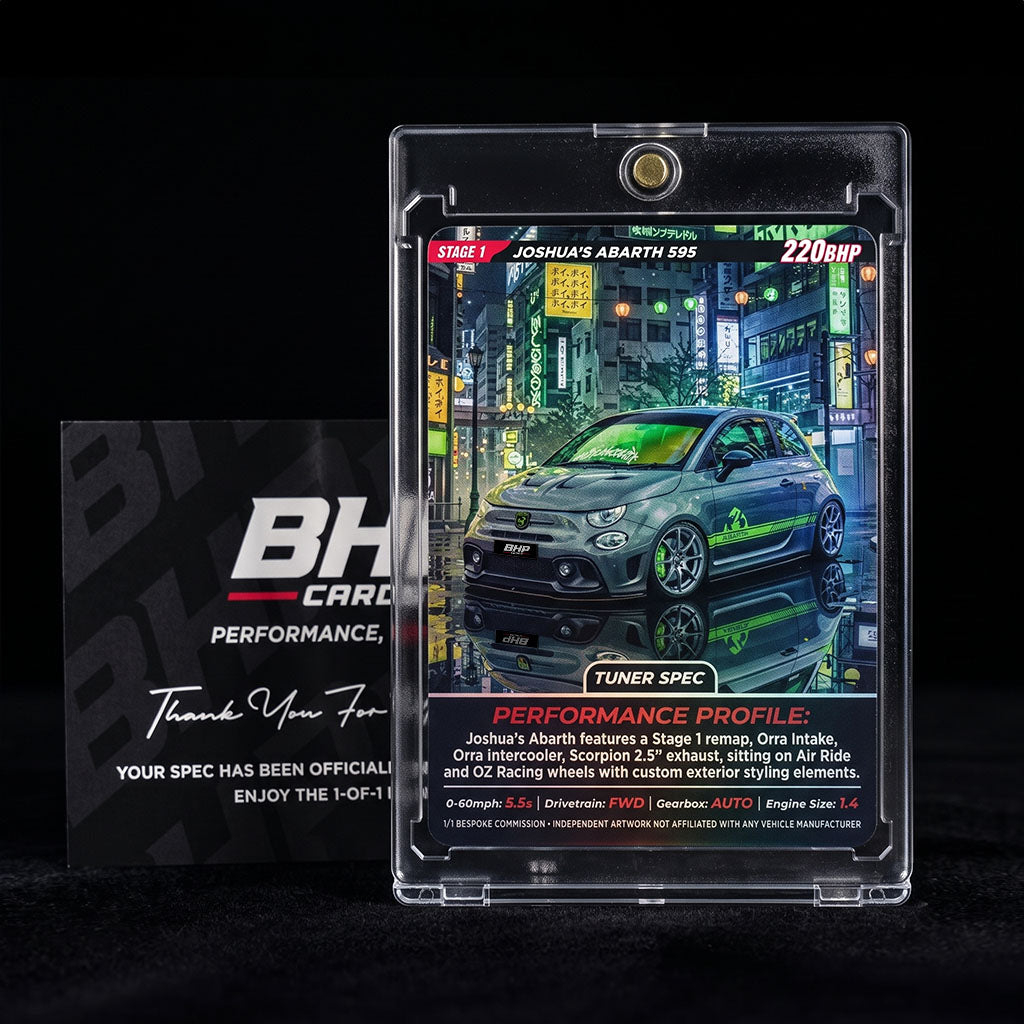 Bespoke custom car trading card with vehicle stats and 1-of-1 collector slab